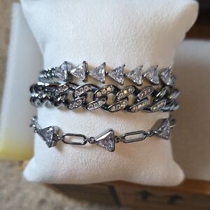Silver-Tone Triangular CZ & Cuban Link Bracelet Set